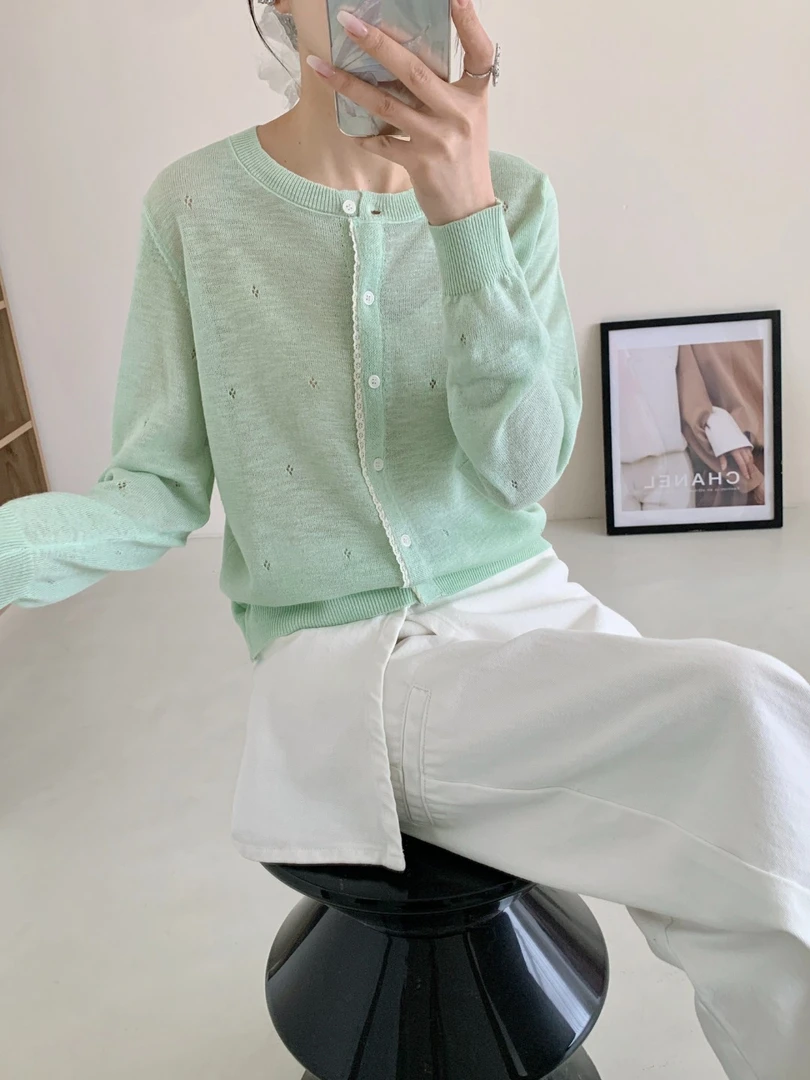 2025春季韩系花边圆领镂空长袖气质短款开衫薄款针织外套