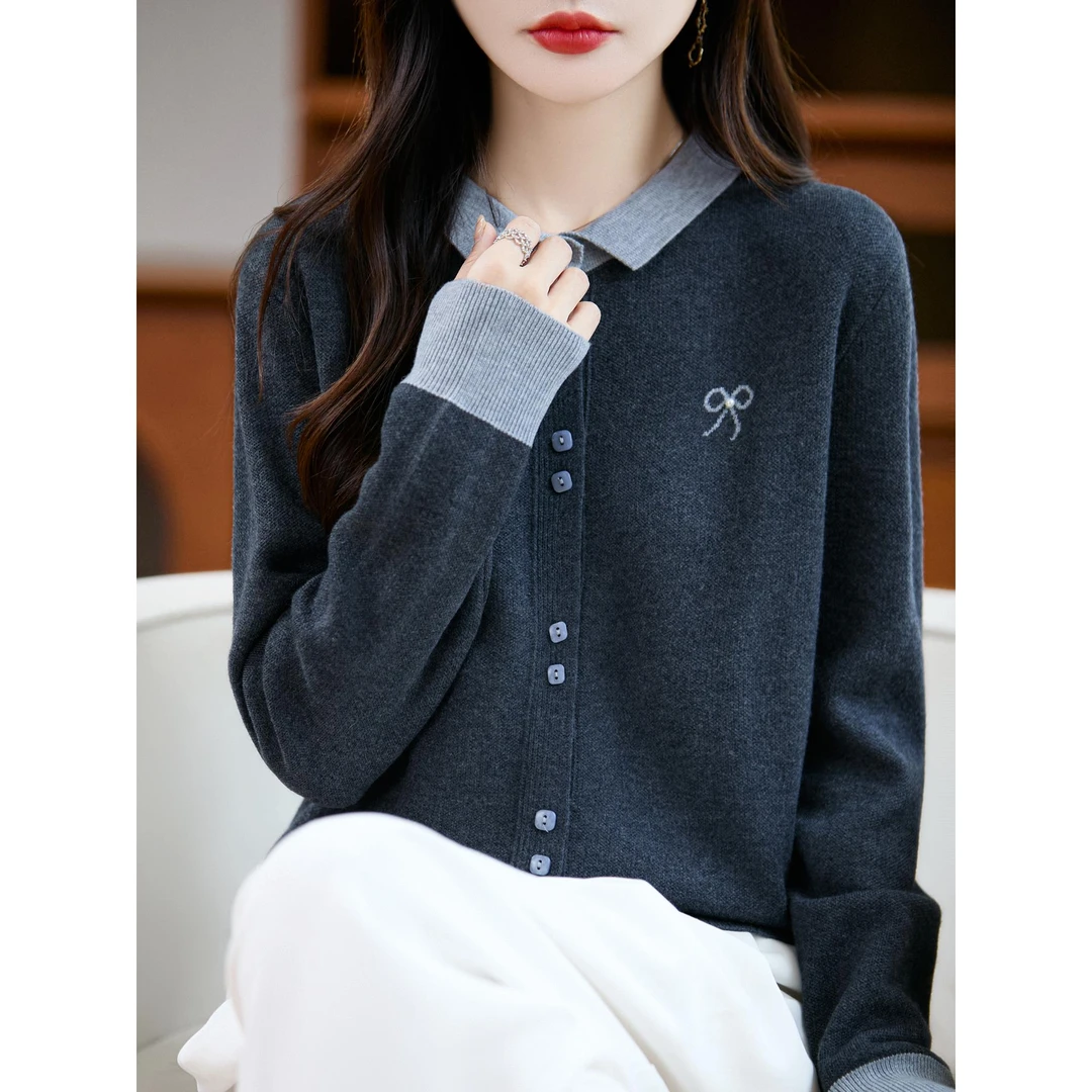 蝴蝶结刺绣POLO领撞色针织开衫女早秋新款减龄洋气外穿高级感上衣