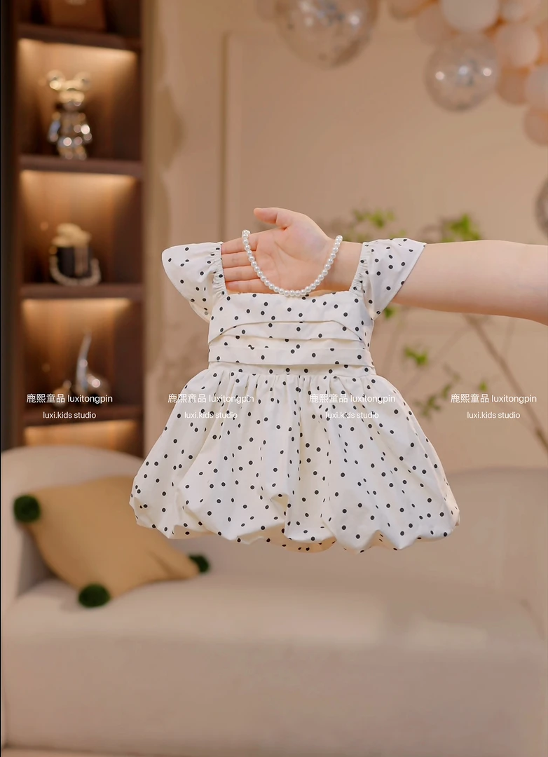 女童2025夏季新款简单甜美飞袖波点花苞连衣裙公主连衣裙