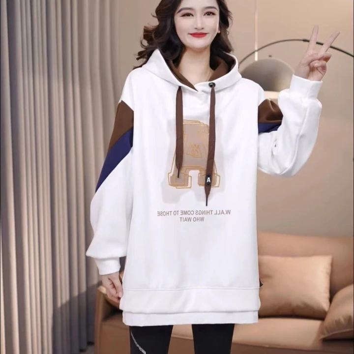 新款拼接假两件连帽大A拼色袖子秋款 休闲时尚宽松韩版减龄卫衣