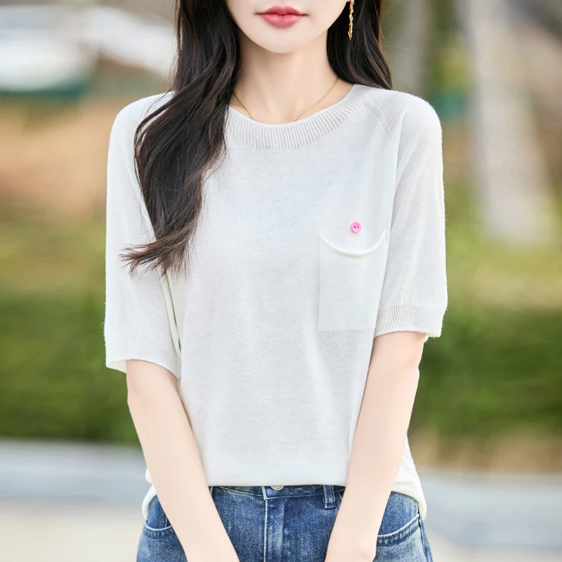 精纺羊毛针织衫女T恤上衣夏季新款一线成衣宽松显瘦圆领短袖-万