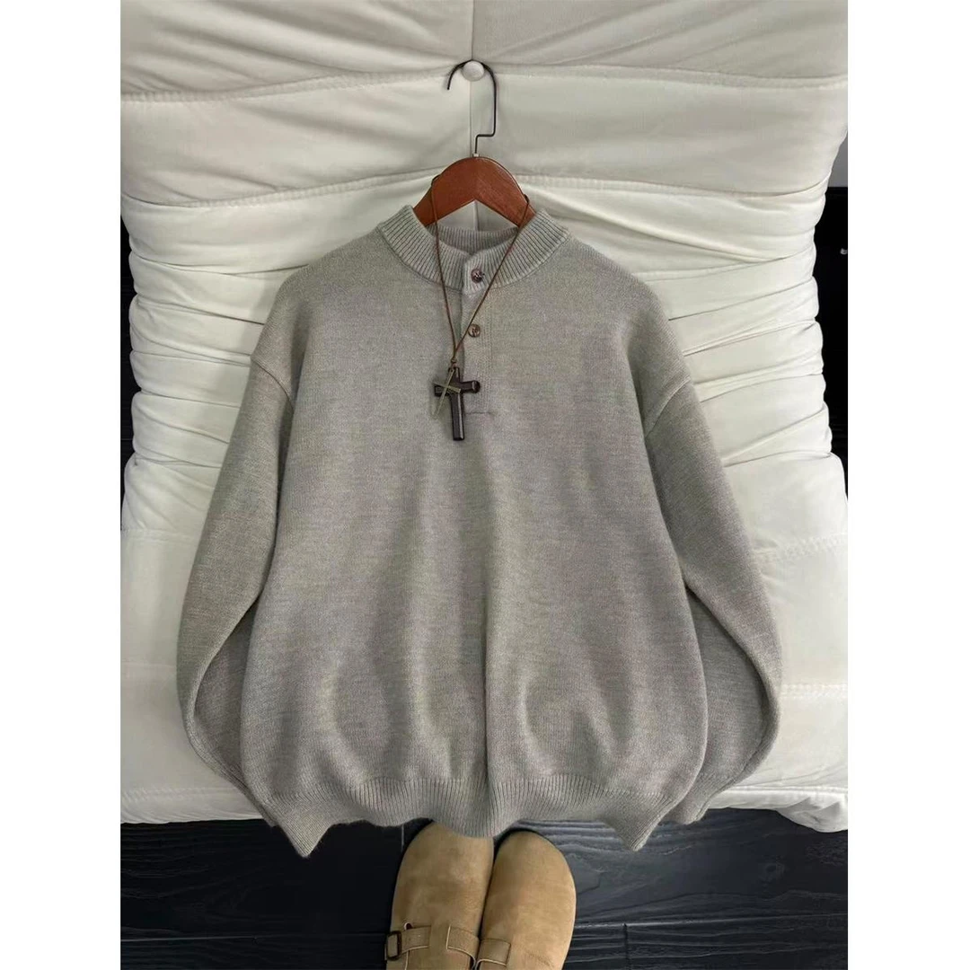 美式复古亨利领毛衣男款冬季慵懒风高级感针织衫cleanfit情侣外套