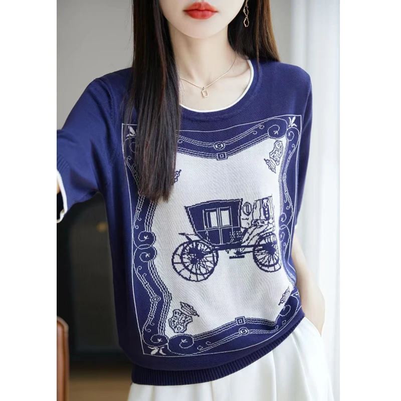 宽松型短袖车马提花夏季毛针织衫设计感宽松印花时尚
