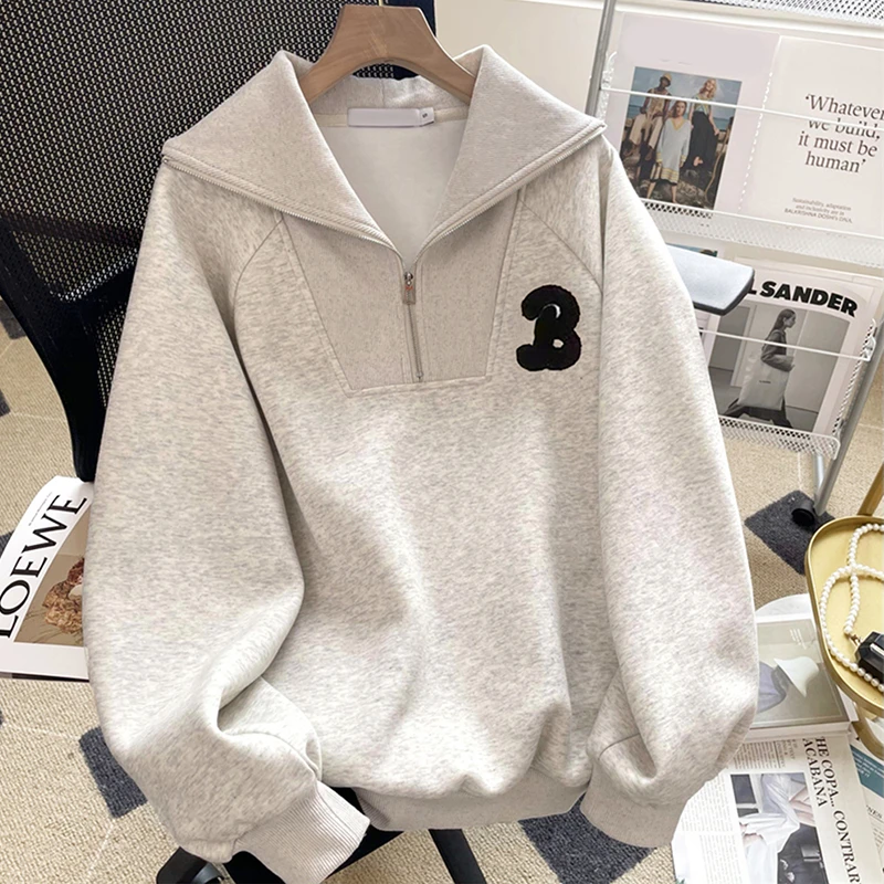 大码200斤潮流青春半拉链翻领套头卫衣女春季学院风百搭长袖上衣