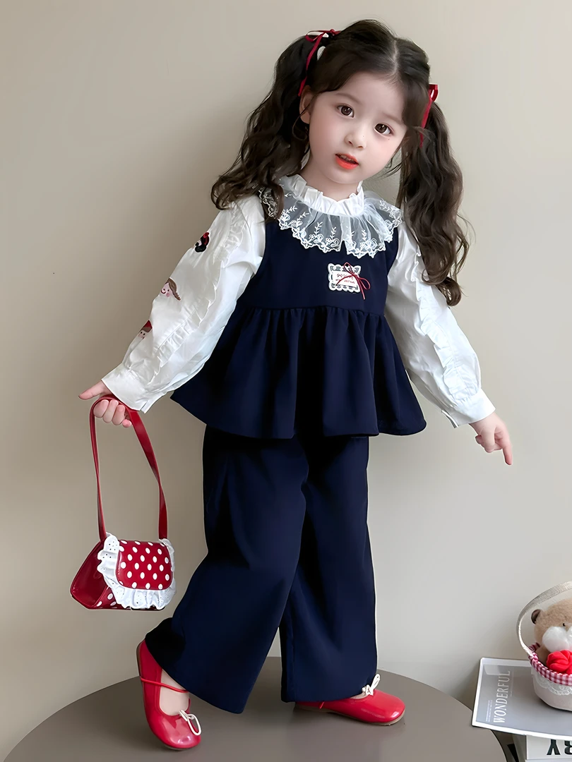 女小童春秋装条绒套装2025新款洋气韩版女宝宝秋款阔腿裤三件套潮