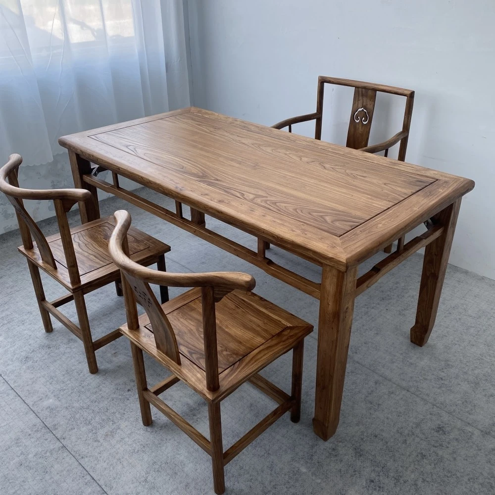 老榆木马蹄桌家用方桌八仙桌侘寂风实木茶桌中式长条束腰马蹄桌凳