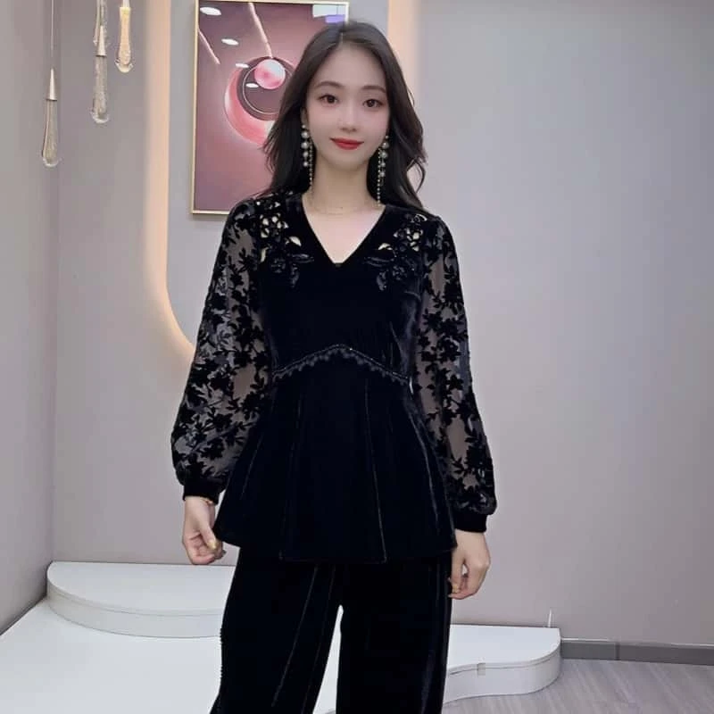 单件上衣四方立绒V领蕾丝邵华植绒镂空收腰灯笼袖拼接时尚#马1203