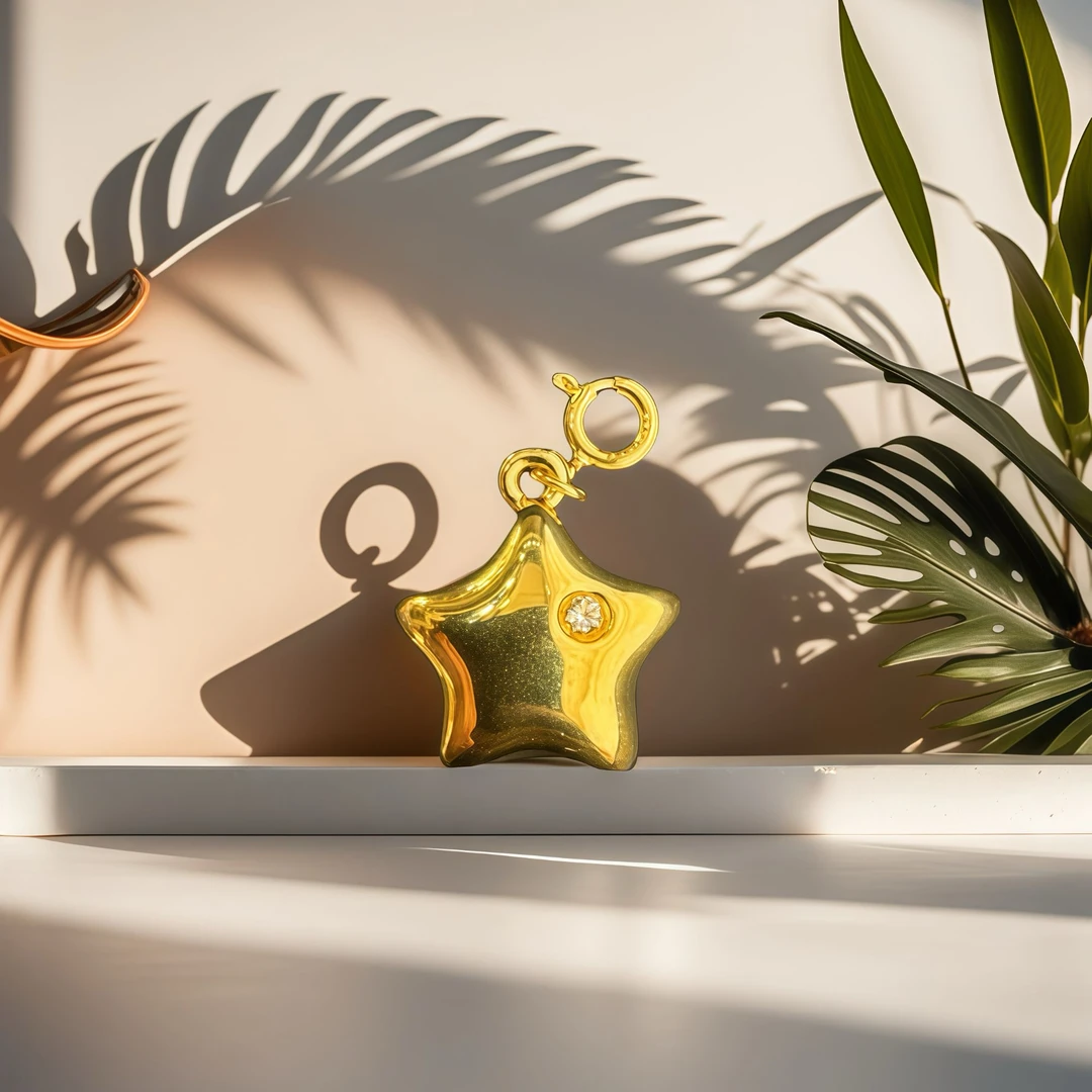 【bz】18K金 亮面折枝幸运星星吊坠 卡约14mm 厚卡约8mm