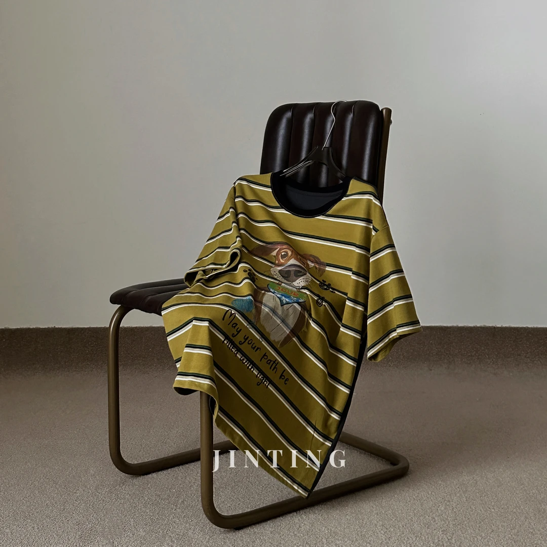 今婷韩系休闲舒适时尚百搭潮流条纹小狗印花短袖T女-M25206444