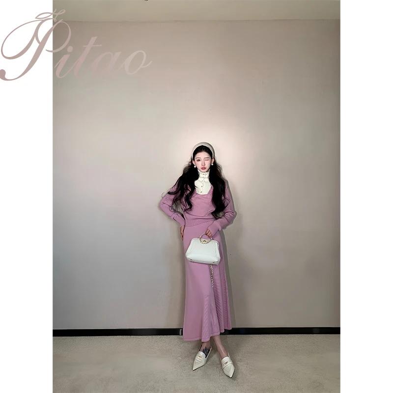 杜屁屁桃PITAO 原创【年终回馈】针织衫+针织半裙 秋冬时尚百搭撞色