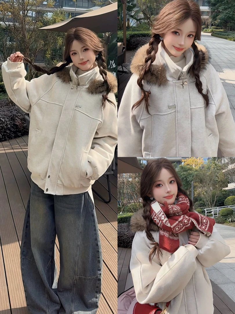 【座山雕】2025新款连帽拼接大毛领棉服外套男女冬季情侣款毛呢外套