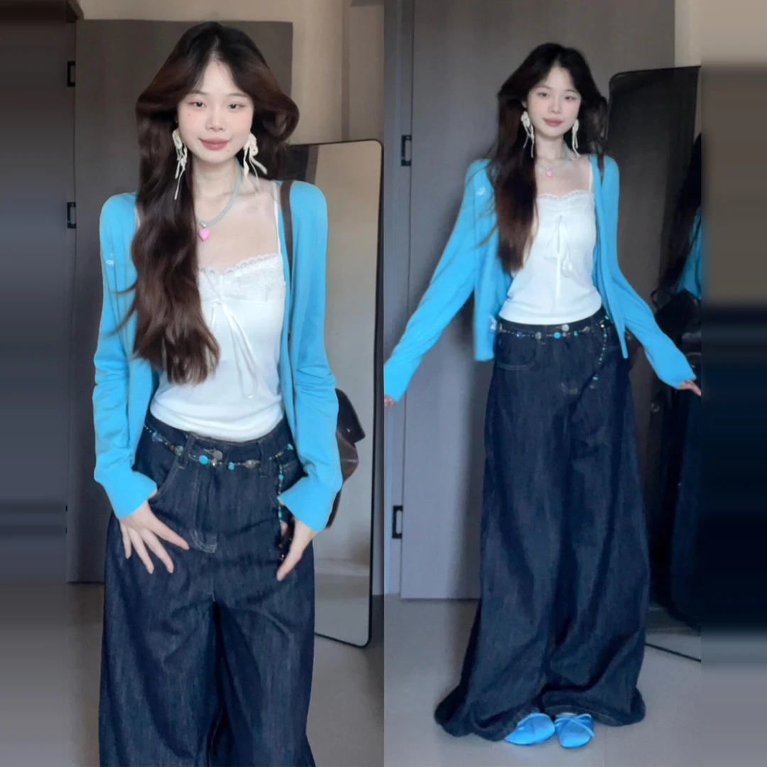 2025新款蓝色薄款开衫针织衫女早秋韩系穿搭高级感配吊带外套上衣