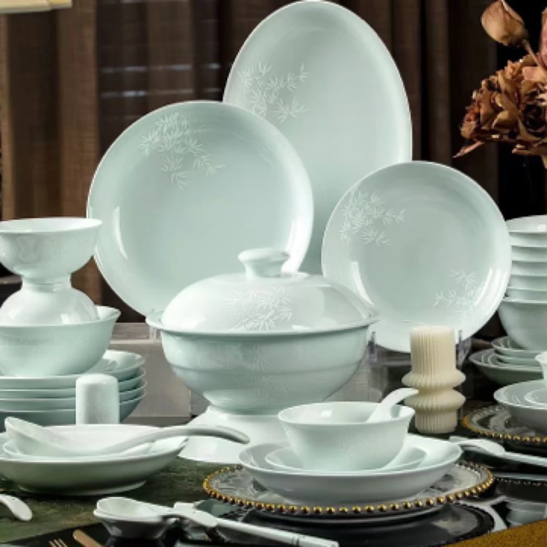 景德镇高白瓷高白泥高温釉下彩竹报平安68头餐具套餐高级感家用