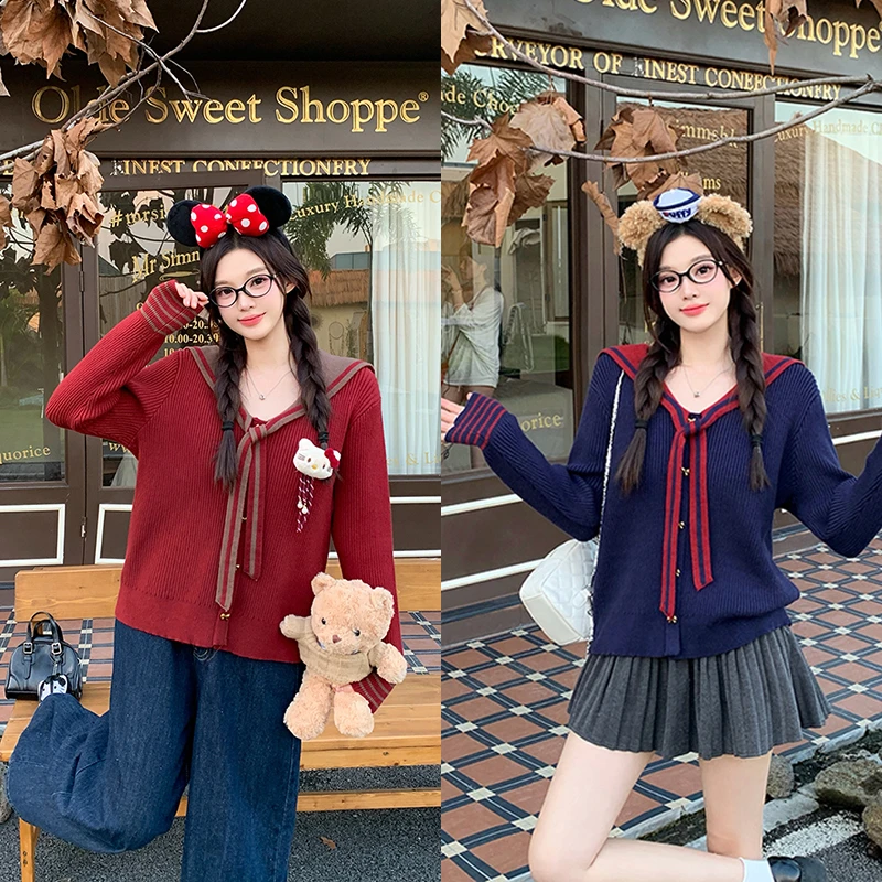 2025秋冬新款大码时尚减龄海军领毛织开衫上衣配公仔挂件72053