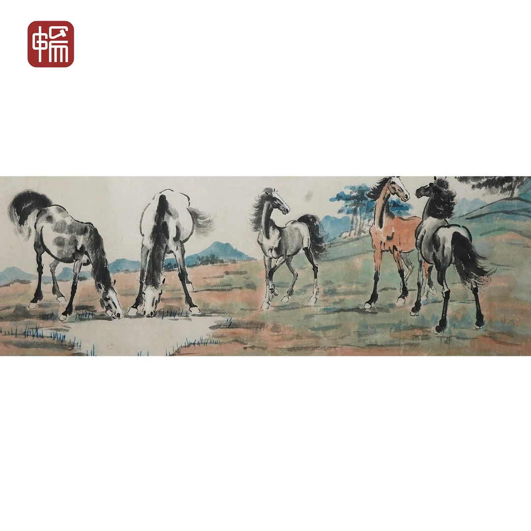 F1201 1945年作《十骏图》238*36（7.71） 纸本镜片 ym