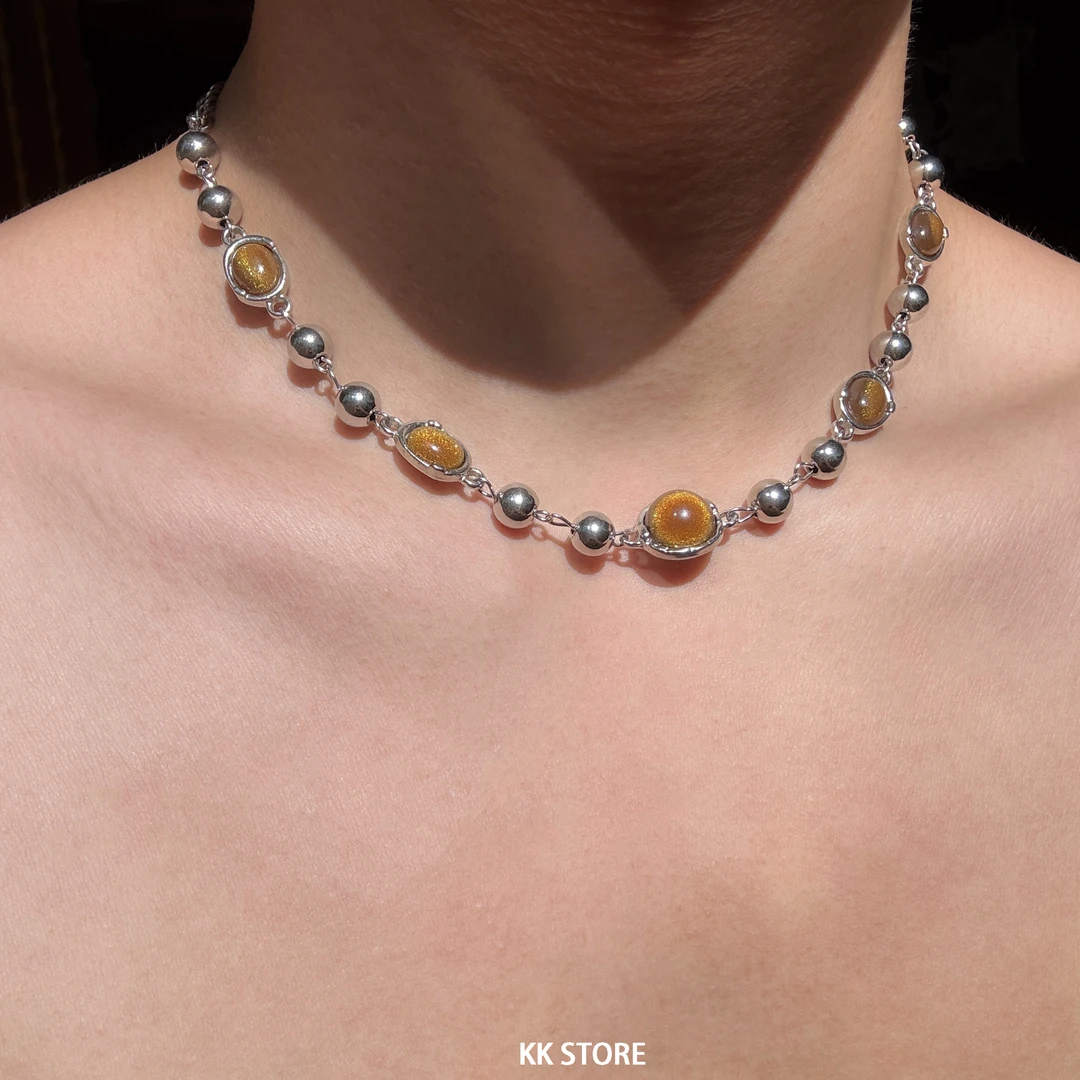 合金项链 复古美拉德秋系虎眼石锁骨链男女小众ins百搭情侣项链