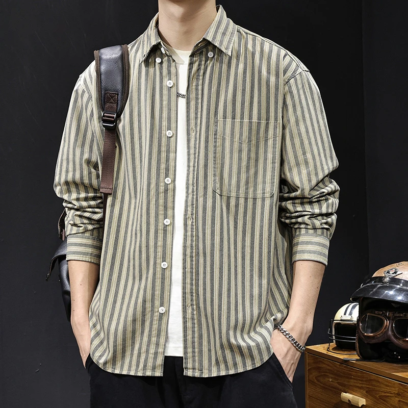 U&PURA条纹长袖衬衫男士秋季2025新款美式休闲高端大码外套春秋