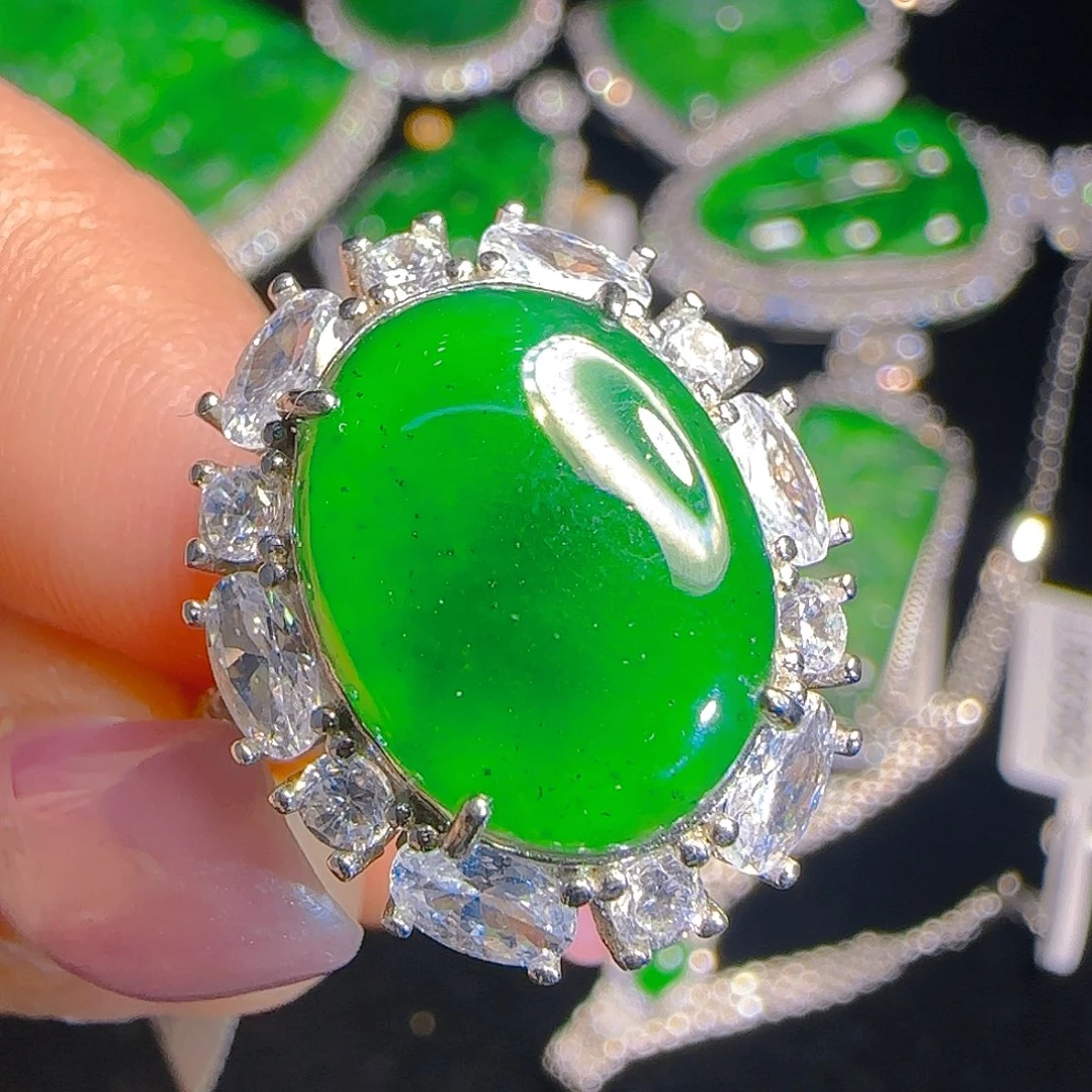 翡翠戒指银S925镶嵌天然