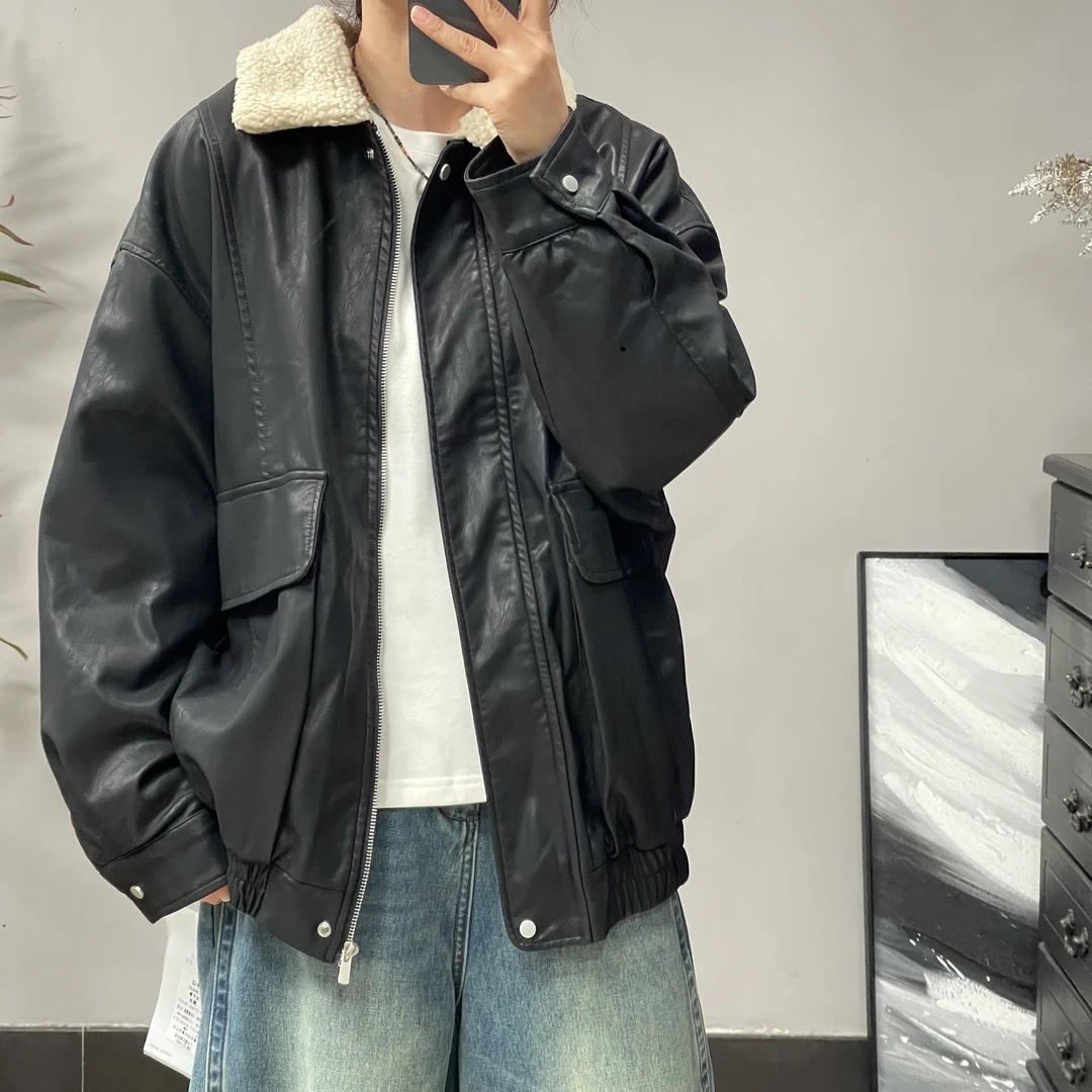 35628冬季皮衣休闲百搭宽松复古潮流港风加绒加厚韩版秋冬帅气ins