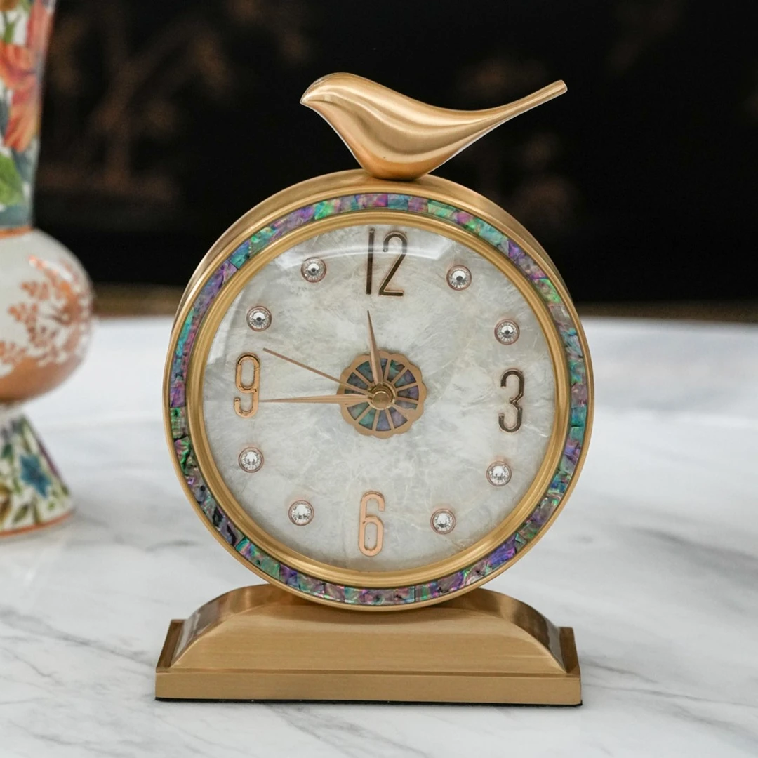 【奇居巍】黄铜小鸟鲍鱼贝水钻大数字座钟家用时尚钟#8340C