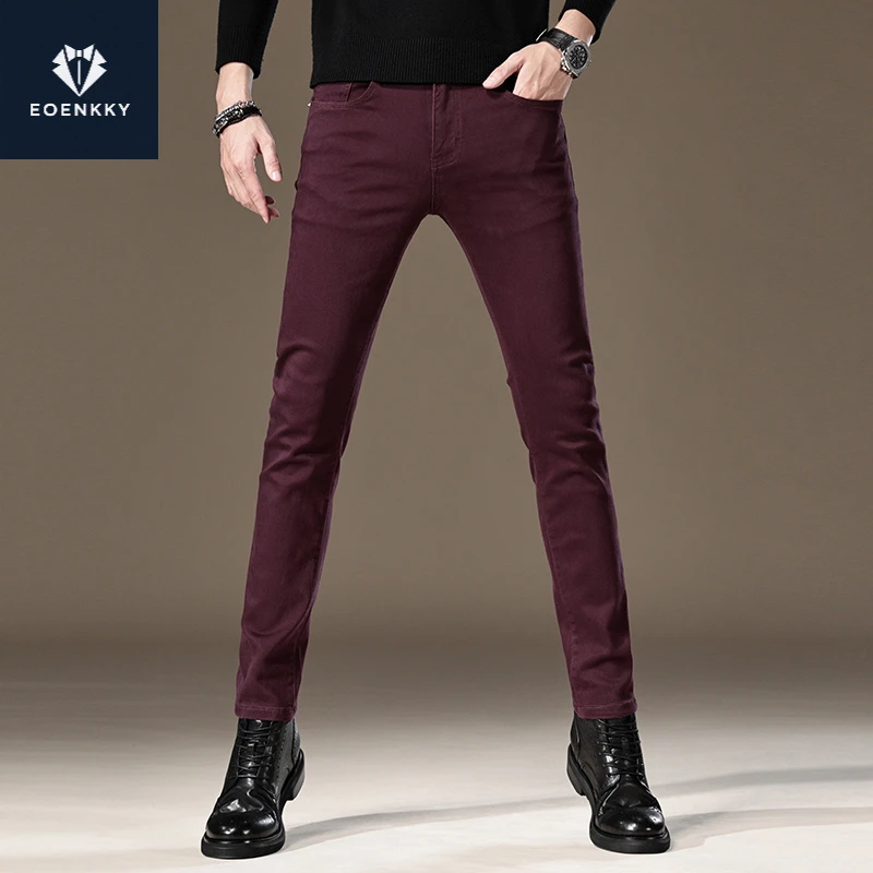 EOENKKY秋冬加绒潮流百搭牛仔裤男修身小脚弹力韩版酒红休闲长裤