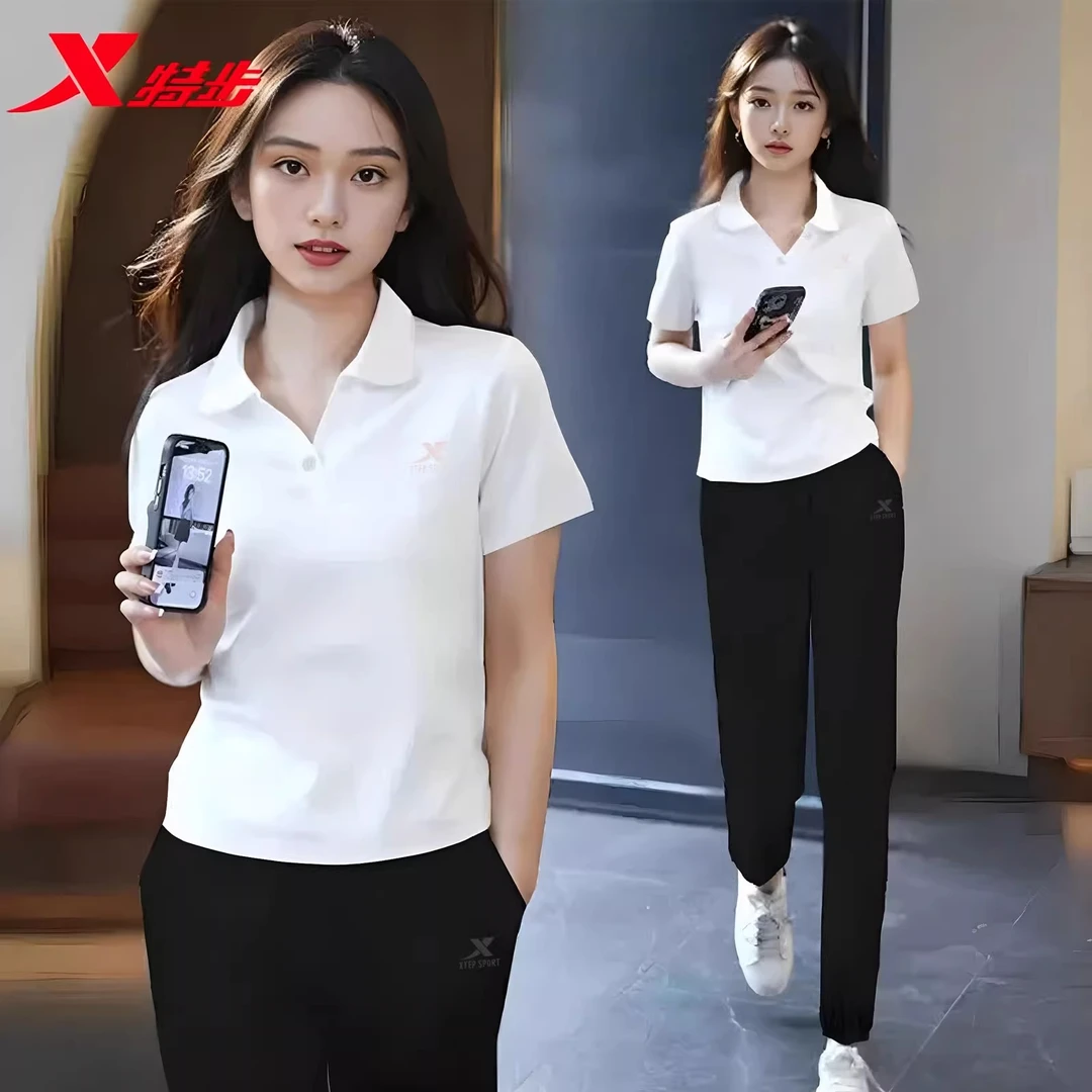 特步冰丝运动套装女士夏季新款翻领跑步服速干polo衫短袖休闲长裤