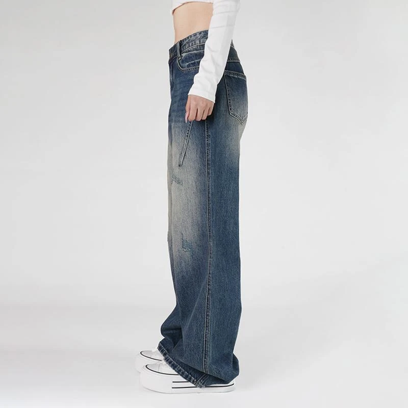 原创秋冬新款牛仔裤女重工洗水做旧直筒宽松裤显瘦窄版阔腿裤