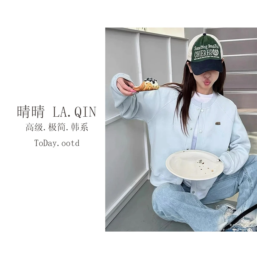 晴晴家-【闲暇时光】韩系百搭休闲棒球服极简左胸字母亮钻外套2779