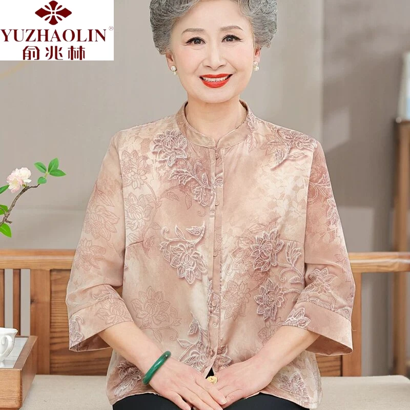 俞兆林中老年人女装春夏新款雪纺衬衫奶奶上衣母亲节时尚七分袖衬