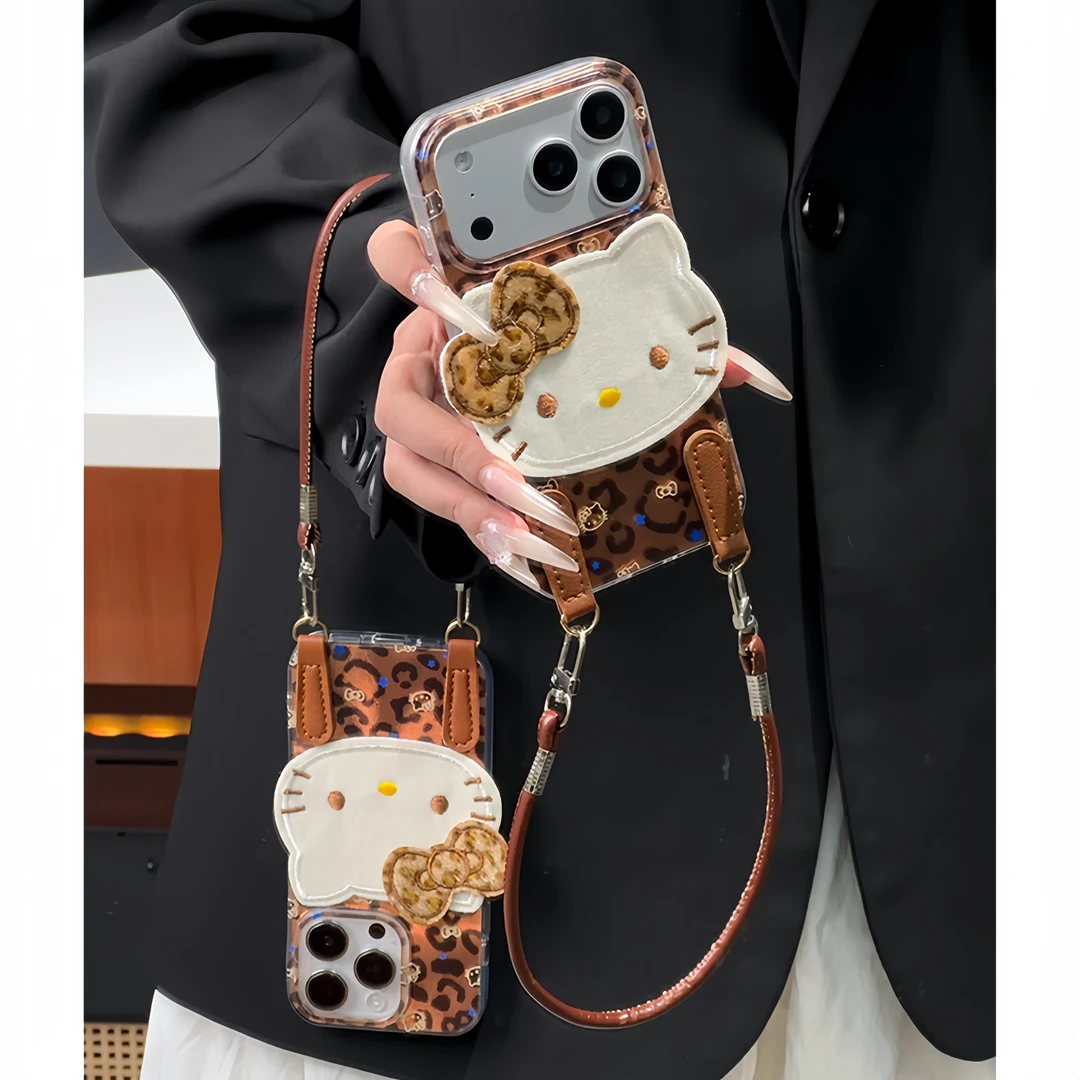 复古豹纹星星KT猫挂绳适用苹果17/16手机壳华为P70vivo小米15oppo