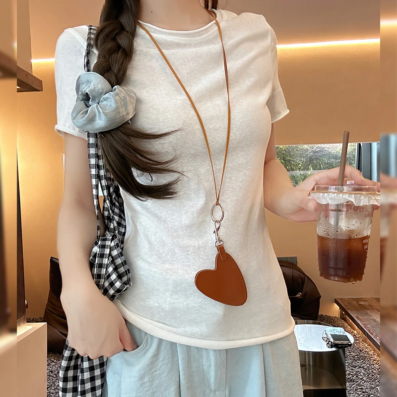 白灰色卷边圆领短袖T恤女夏季薄款2025新款修身轻薄透气外穿上衣