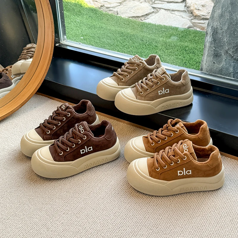 厚底磨砂牛皮板鞋女2025秋新款德训鞋透气软底运动休闲皮面小白鞋