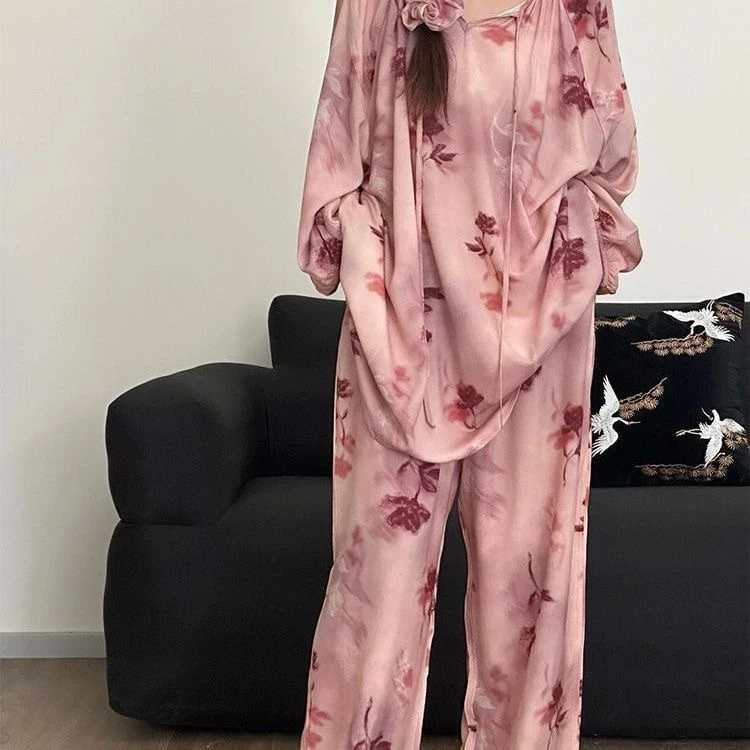 韩版Pajama Set云朵棉睡衣女春秋法式温柔高级七分袖家居服套装