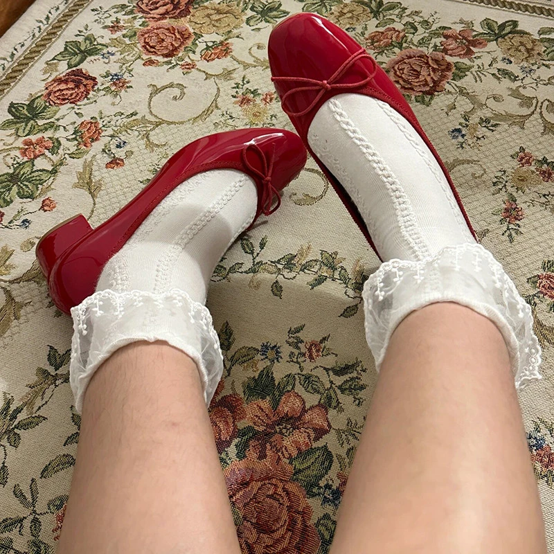 【旗舰新品】仙女风蝴蝶结玛丽珍高跟鞋女春新款红色百搭浅口芭蕾