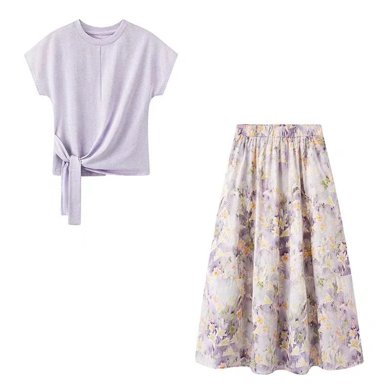 珩绣樱落长街减龄女小众绑带短袖上衣洋气半身裙两件套装ML97-1