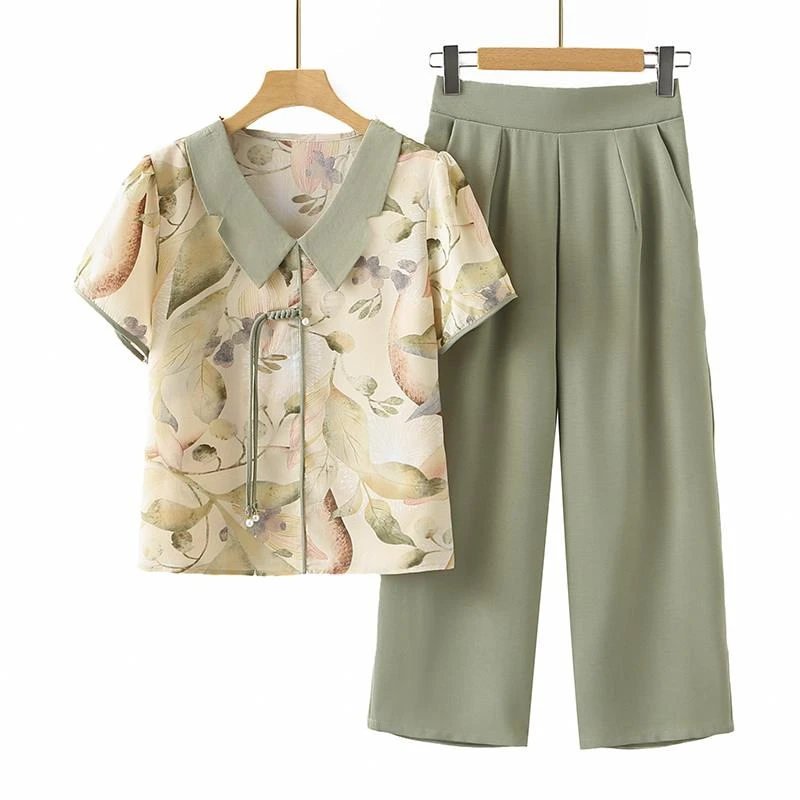 年轻妈妈夏套装雪纺短袖T恤时尚减龄40岁雪纺休闲两件套时尚上衣