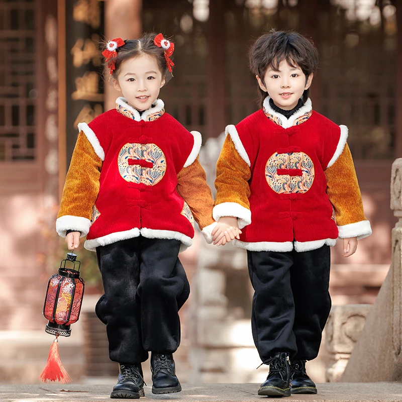 男童女童拜年服2025新款儿童唐装冬季宝宝周岁套装新年过年衣服