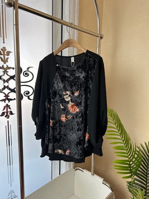 新中式复古宽松重磅印花蝙蝠袖蕾丝长袖上衣