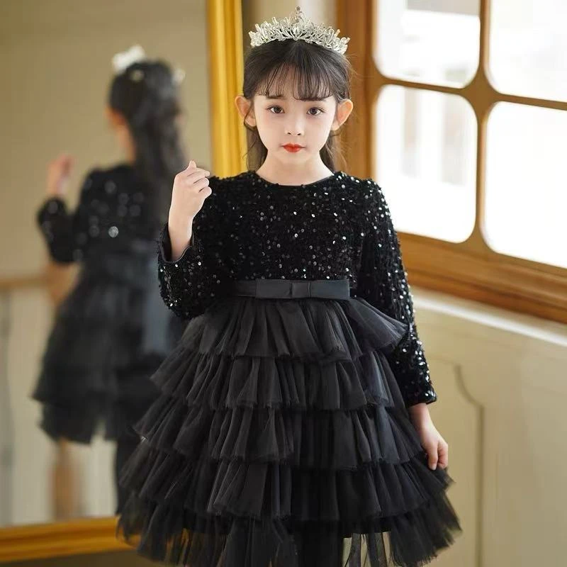 清货福利 黑天鹅女童长袖公主蓬蓬蛋糕裙洋气加绒黑色生日主持裙