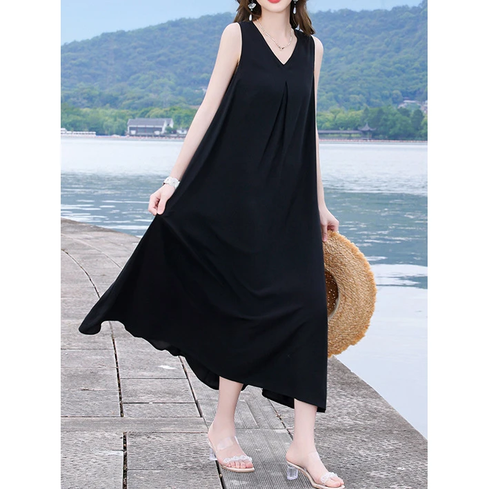 法式高级感棉绸背心连衣裙女夏季新款气质海边老钱风松弛感女装