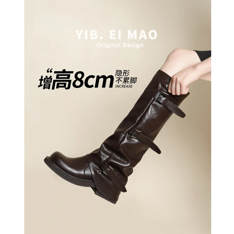 8CM内增高长靴女2025秋冬新款皮带扣英伦风百搭机车靴高筒骑士靴