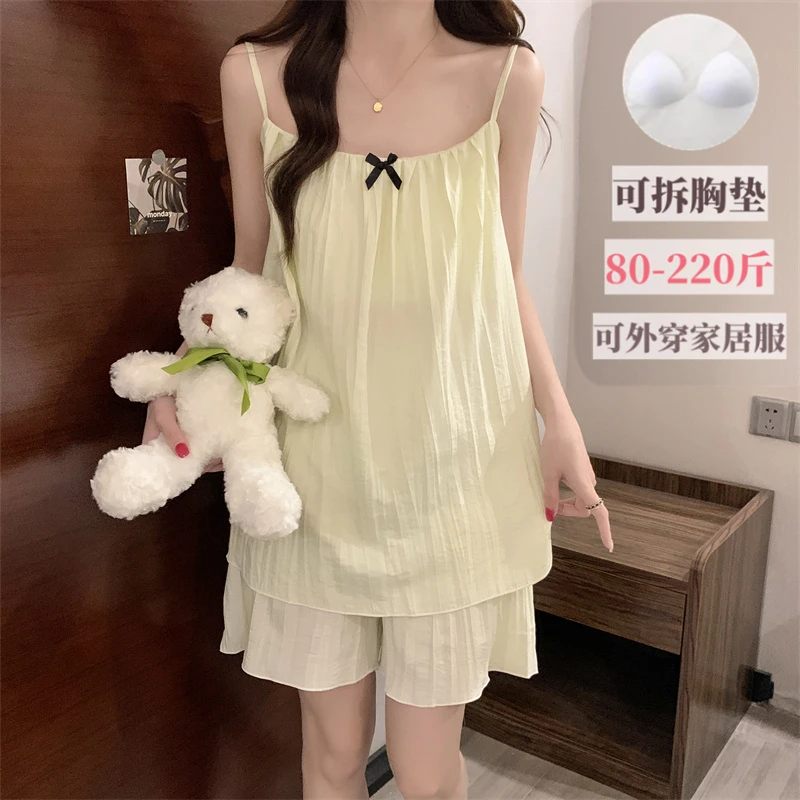 胖MM加肥加大码2025新款甜美吊带云朵棉睡衣女款夏季带胸垫家居服