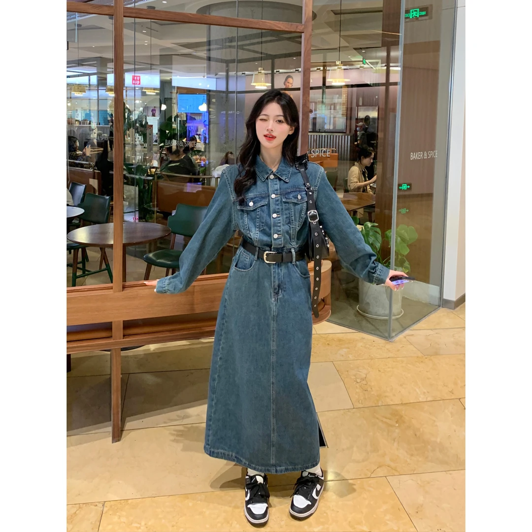 大码女装牛仔连衣裙女胖mm收腰显瘦高级感开叉连衣裙