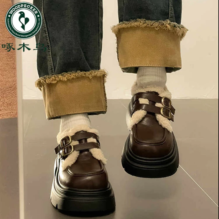 啄木鸟小皮鞋女加绒2025冬季新款保暖毛毛鞋子女乐福鞋棉鞋雪地靴