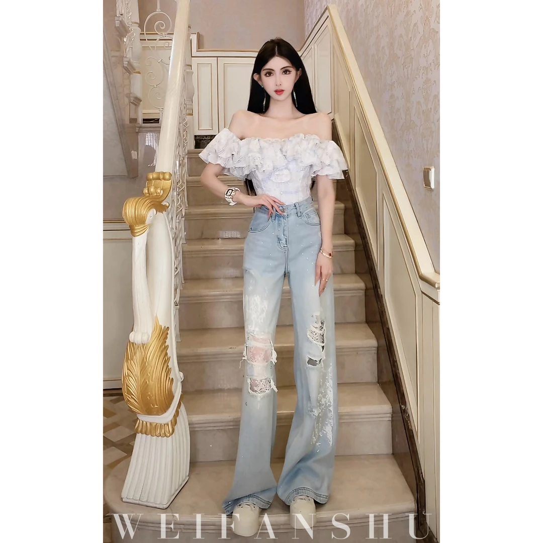 WEIFANSHU/魏凡舒【假日浪潮】春夏新款潮流蕾丝破洞显瘦百搭牛仔裤