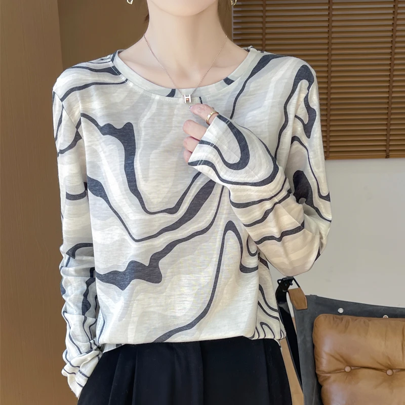 春秋新款圆领水墨扎染莱赛尔天丝薄款长袖印花针织薄打底衫上衣女