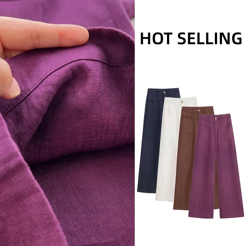 冰丝亚麻直筒窄版阔腿裤女2025夏季新款垂感舒适高腰时尚休闲裤子