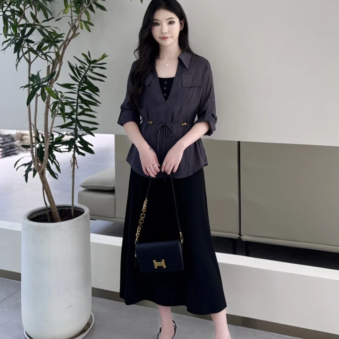 拉夏贝尔2025早秋新款休闲百搭设计感小众系带收腰衬衫外套两件套