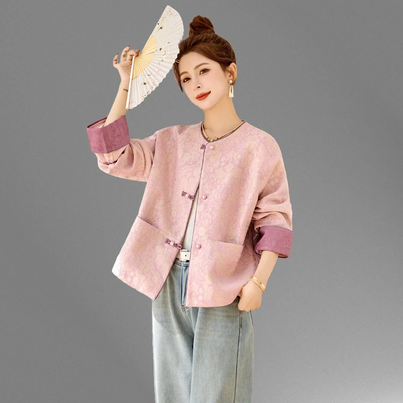 新中式国风粉色提花圆领短外套女2025春秋季新款复古优雅唐装上衣