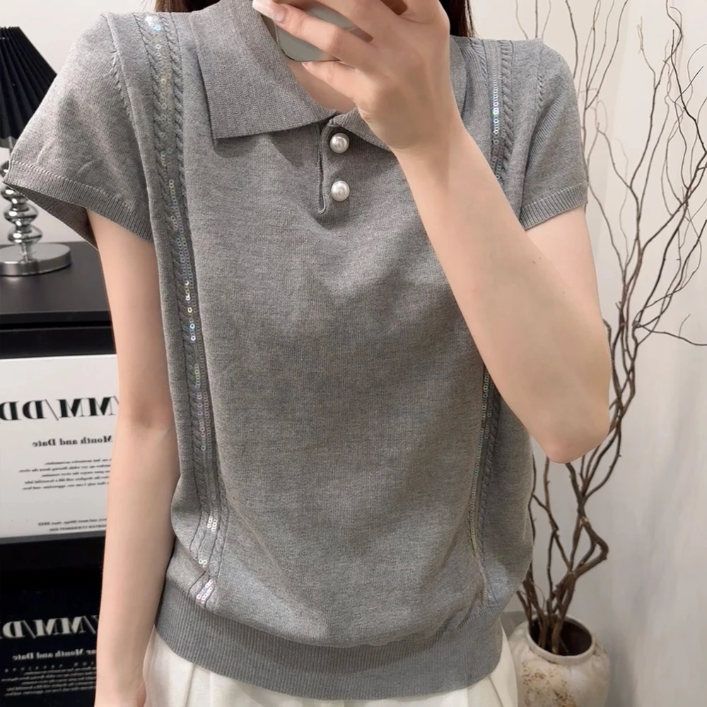 时尚亮片飞飞短袖T恤女夏季韩版高级感Polo领灰色针织衫上衣薄款